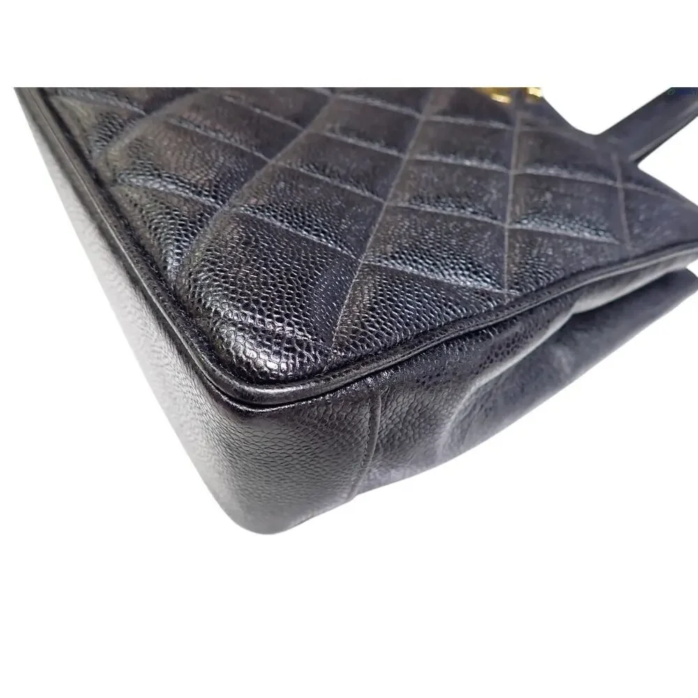 Chanel Caviar Vintage Tote Bag Quilted CC Turnlock Black/Gold Matelasse XL Logo - Picture 12 of 16